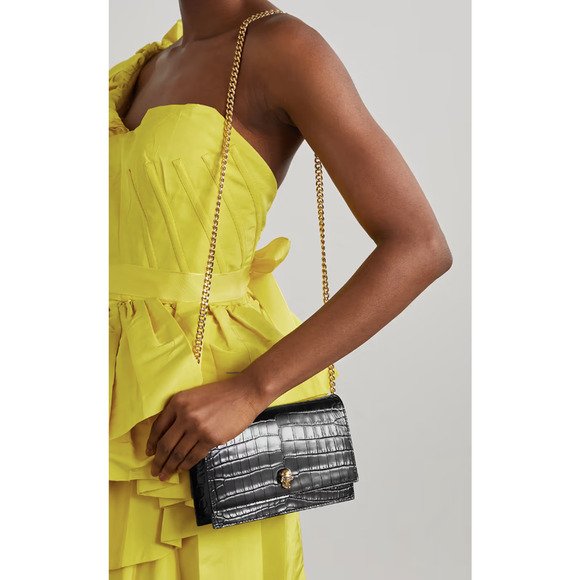 NEW ALEXANDER MCQUEEN BLACK LEATHER SKULL CROC CHAIN BAG PURSE NWT BOX - Picture 2 of 12